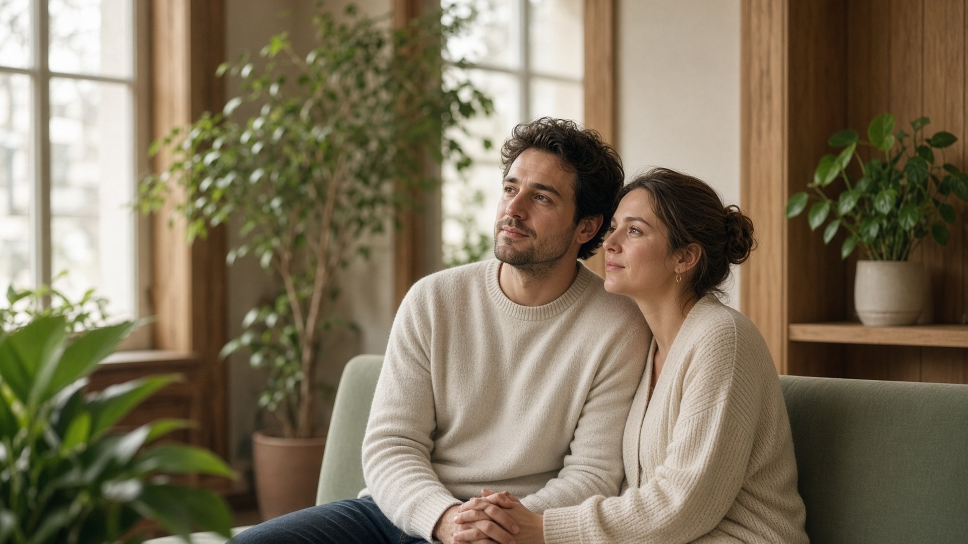 A couple waiting together in a sunlit clinic lobby